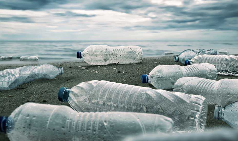Plastic bottles litter beach.
