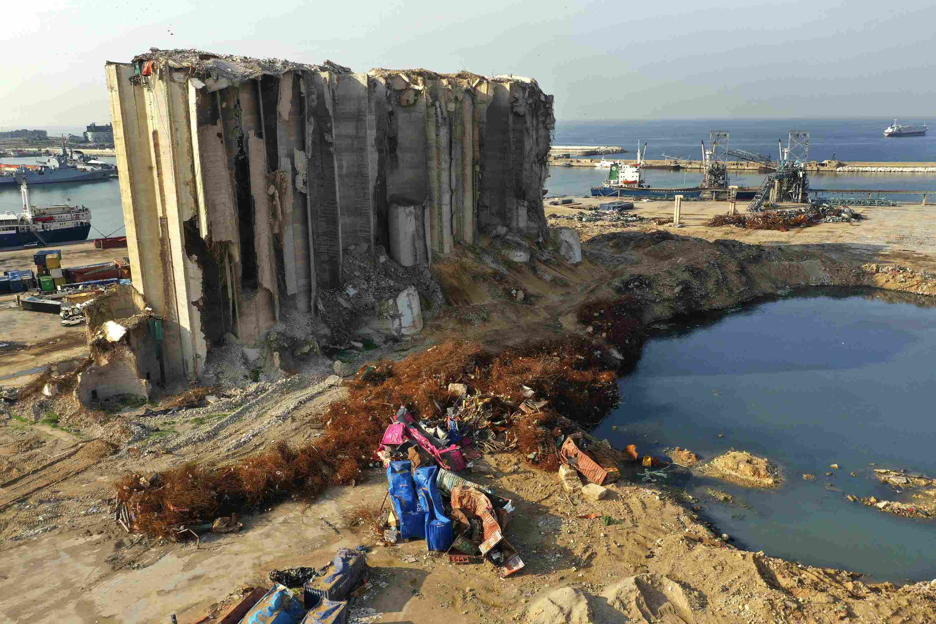 The grain silos sustained damage during the Beirut Port explosion. (Source: AP News)