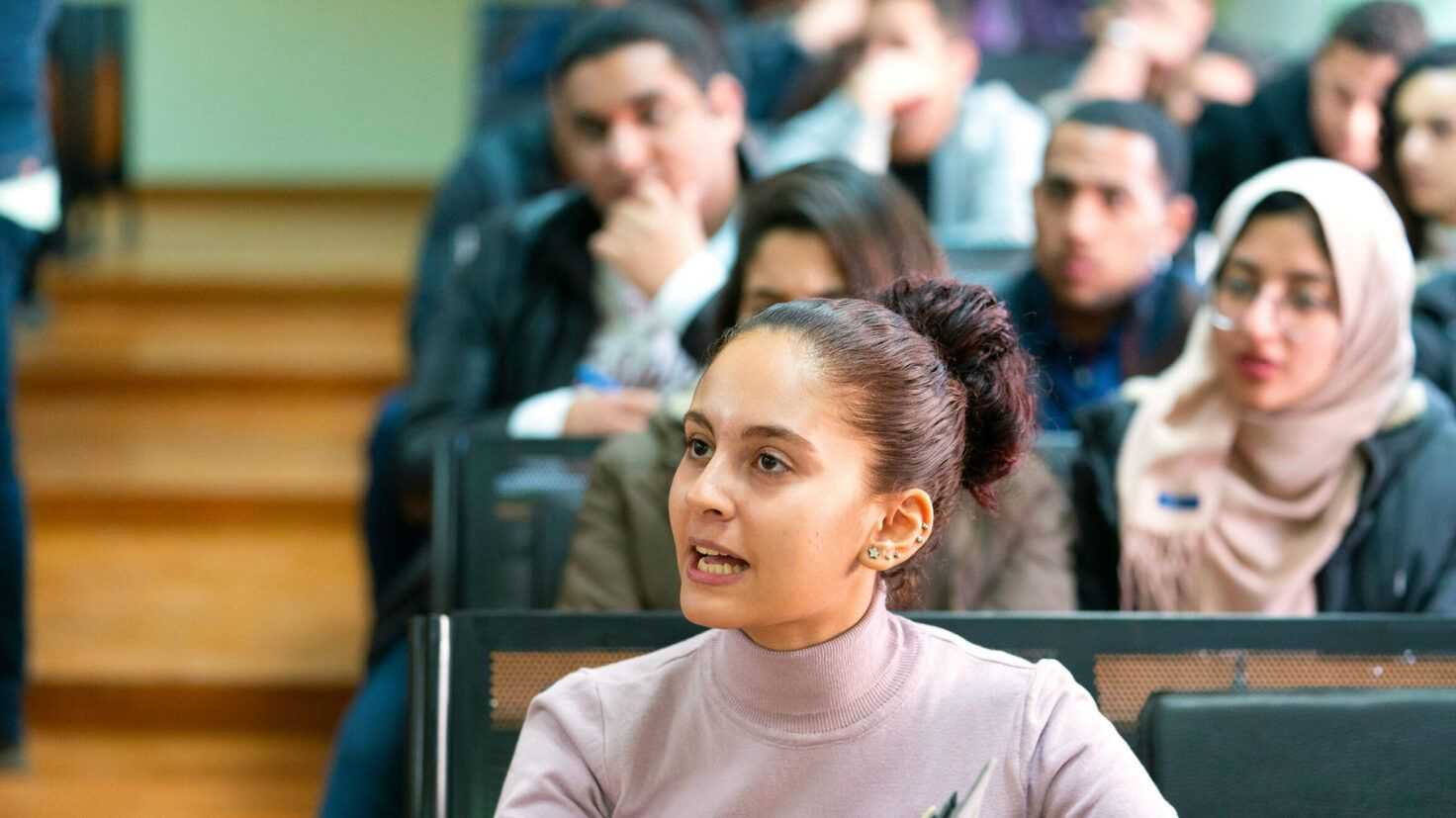 Students at the British University, Cairo. Despite more women than men taking university degrees in most MENA countries, they have a lower participation in the labour force. ©IMF/Stephen Jaffe
