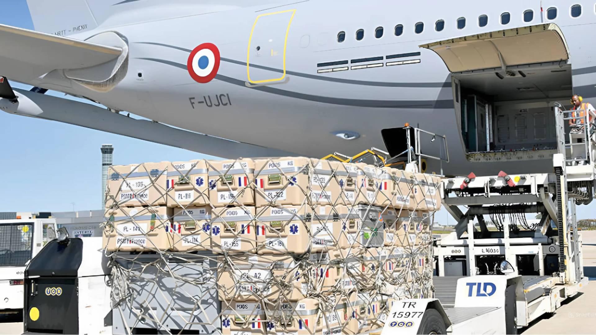 A French humanitarian aid plane carrying 28 tonnes of medical supplies and medicines at Beirut–Rafic Hariri International Airport. A French humanitarian aid plane carrying 28 tonnes of medical supplies and medicines at Beirut–Rafic Hariri International Airport.