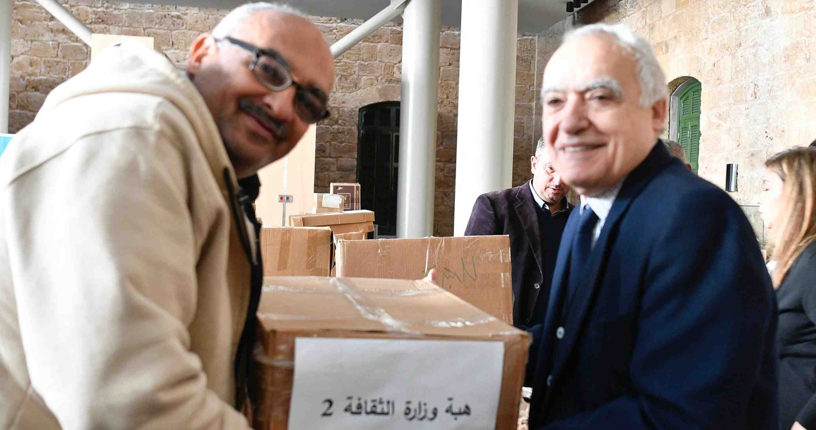 Minister of Culture Ghassan Salameh on Tuesday oversaw the handover of a large collection of books and periodicals to representatives of public libraries from across Lebanon. (Credit : NNA)