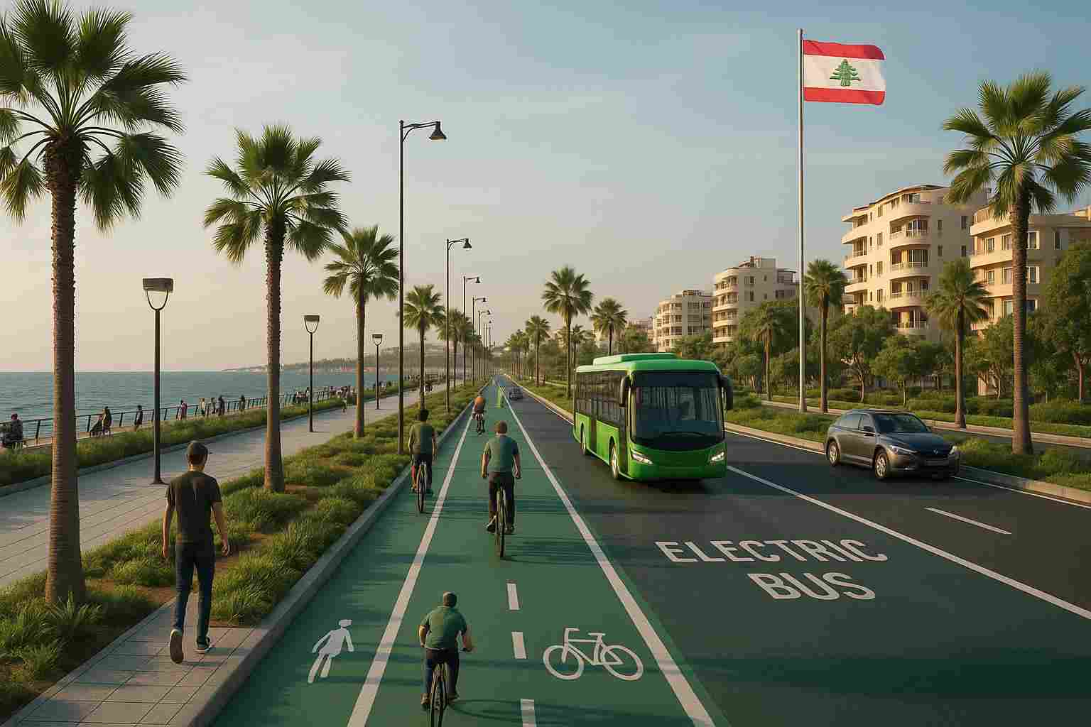 A sustainable transport vision for Lebanon showing an electric bus, cyclists, and walkers along a calm, green-lined coastal road.
