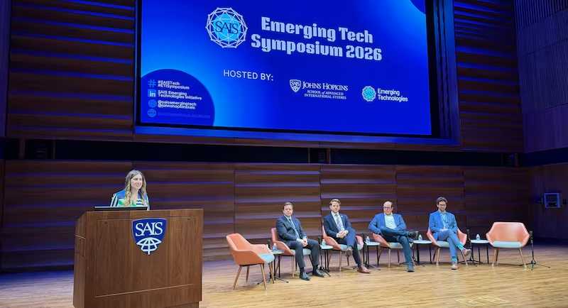 The panel at Johns Hopkins School of Advanced International Studies in Washington. (Image Credits: The National)